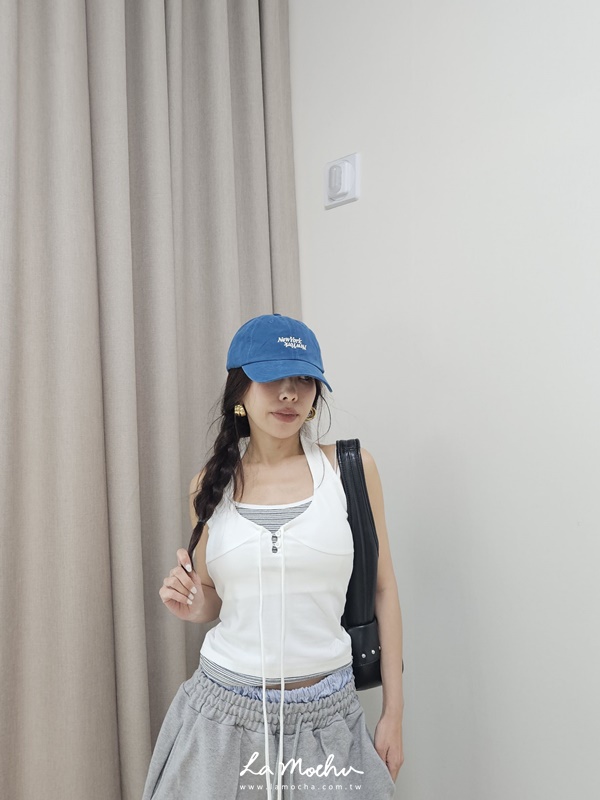 假兩件條紋拼綁帶掛脖背心